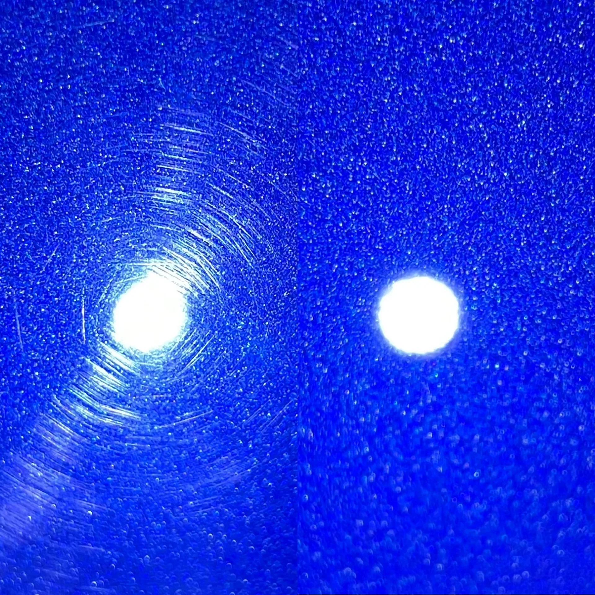 Swirl marks visible in blue paint under inspection lights