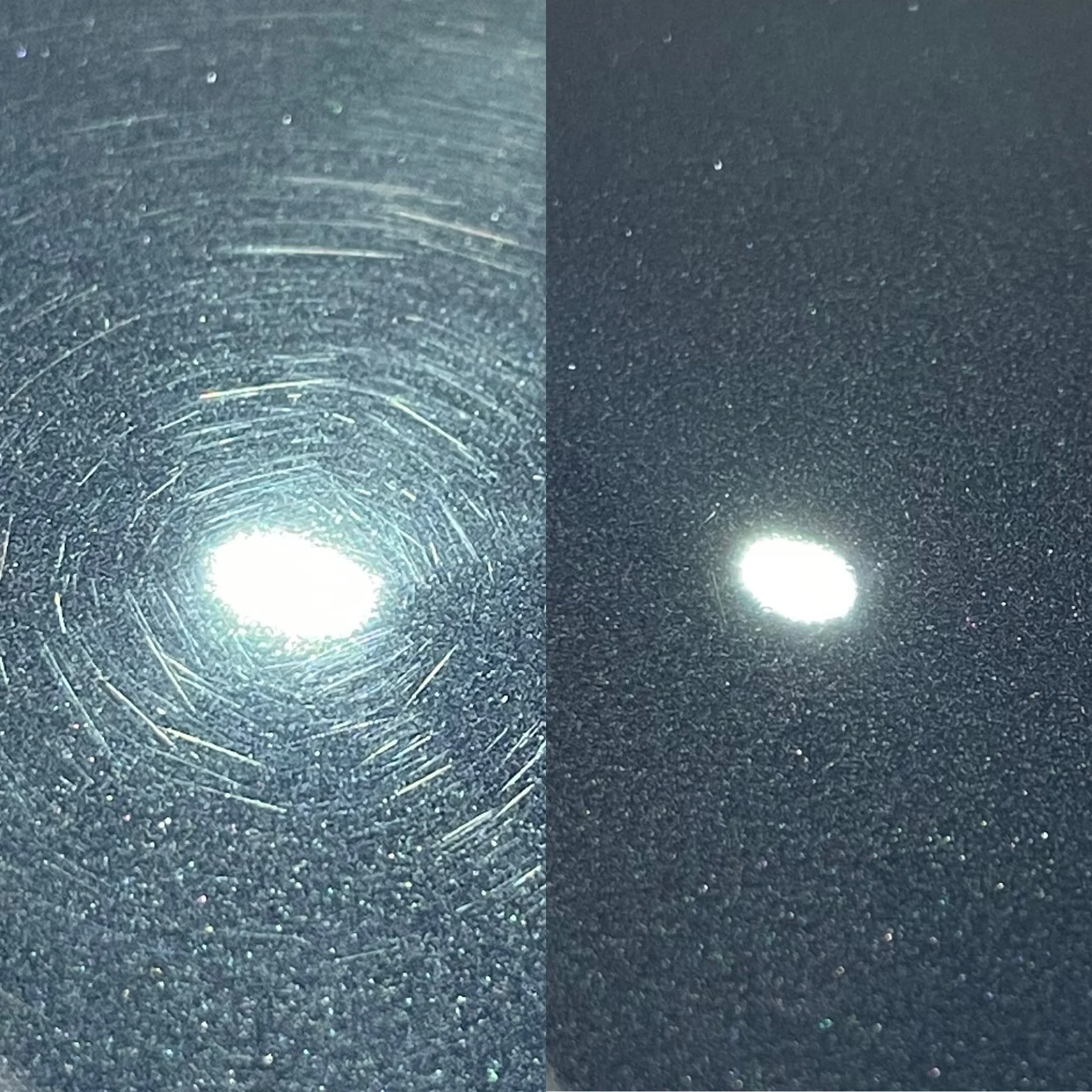 Circular wash marks visible on grey paint under bright lights