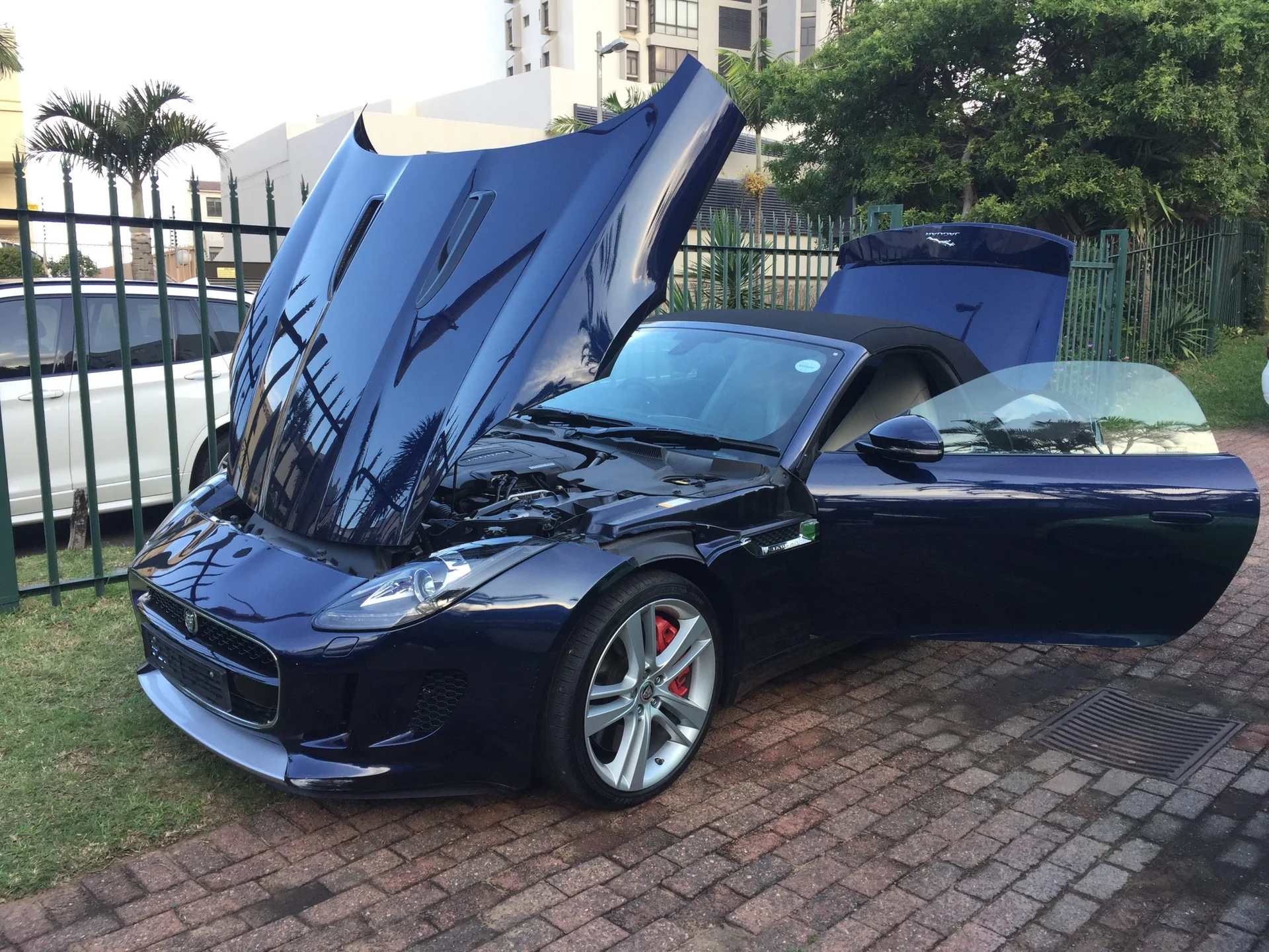 Dark Jaguar convertible with bonnet and doors open during detailing