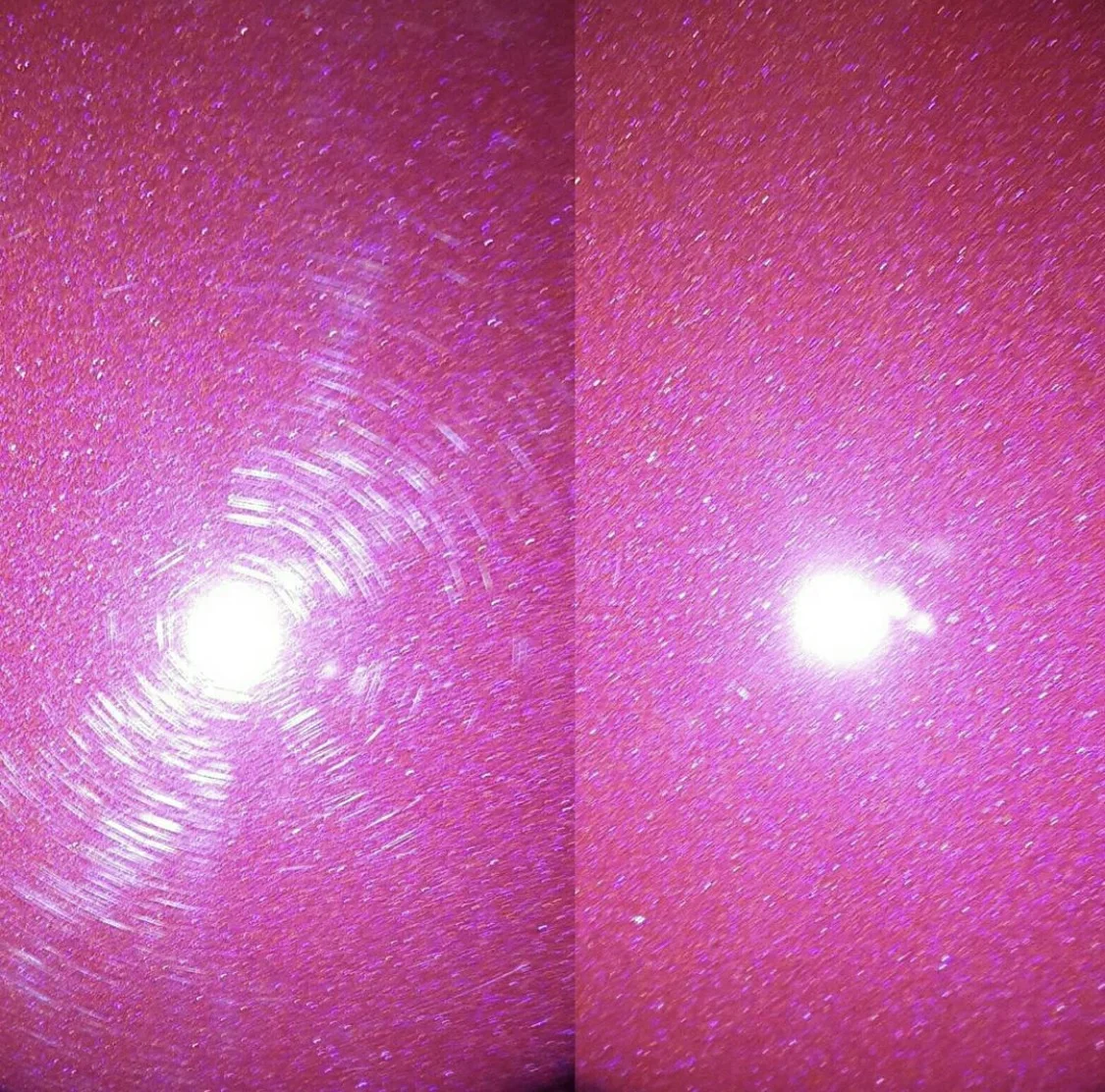 Split close-up of marked and refined magenta car paint